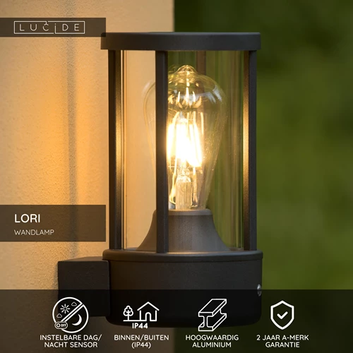 Lucide LORI - Wandlamp Binnen/Buiten - Ø 12 cm - 1xE27 - IP44 - Dag/nacht sensor - Antraciet - USP